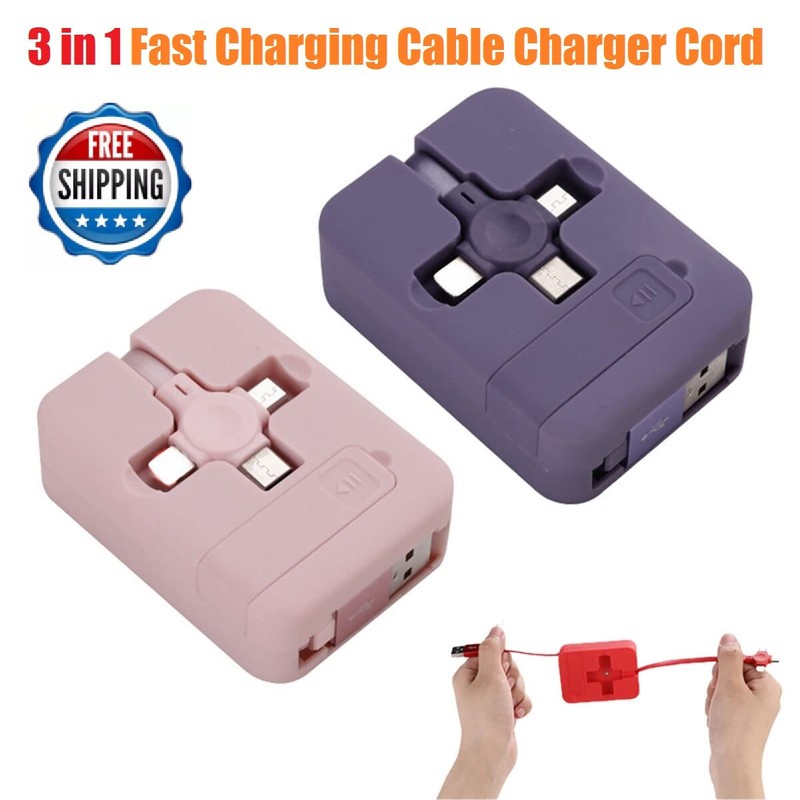 Fast Charging Cable Charger Cord for iPhone USB Micro Type C Retractable 3 in 1