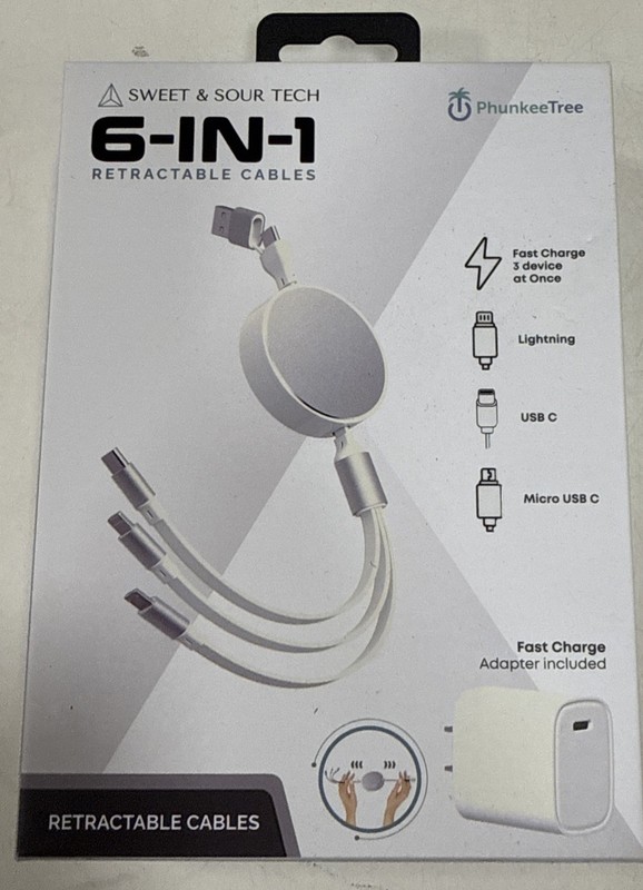 NEW Phunkee Tree 6-In-1 Retractable Cable SWEET SOUR TECH W/ FAST CHARGE ADAPTER