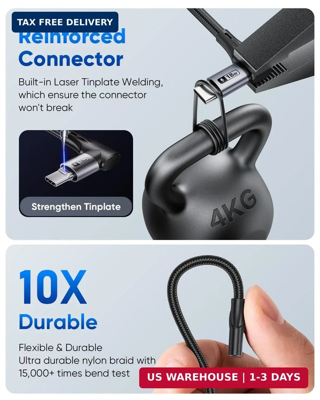 SUNGUY Right Angle USB C Cable 2Pack, [3.3FT/1m] Short 90 Degree USB to USB C Fa gallery