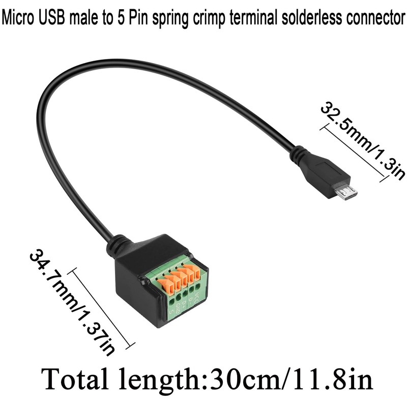 30cm/11.8in Micro USB Male 5Pin Spring Crimp Terminal Solderless Adapter gallery