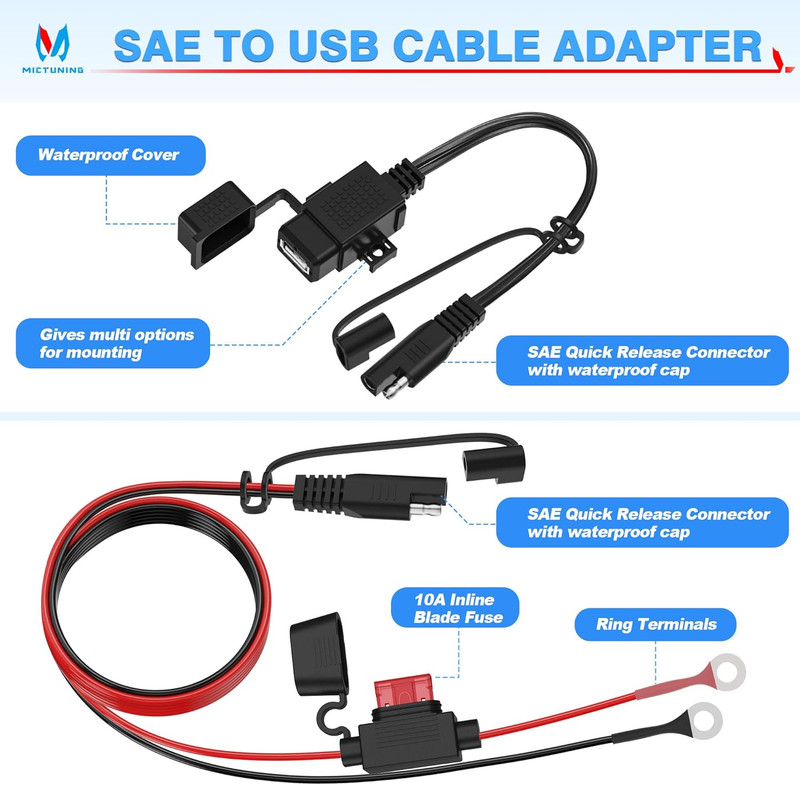 Motorcycle USB Charger,Sae to USB Cable Adapter SAE Quick Disconnect 2.1A Waterp gallery