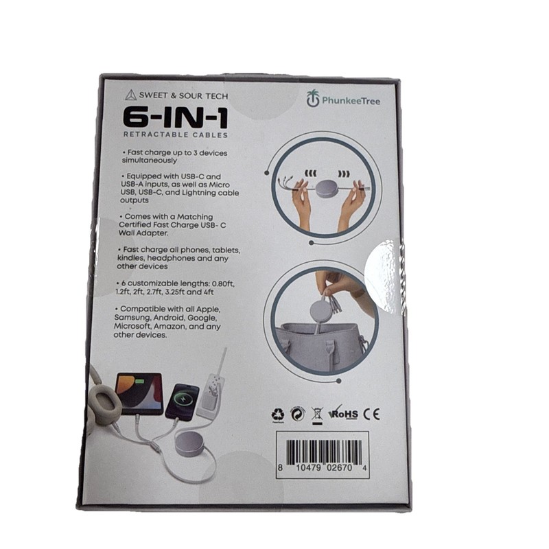 NEW Phunkee Tree 6-In-1 Retractable Cable SWEET SOUR TECH W/ FAST CHARGE ADAPTER gallery