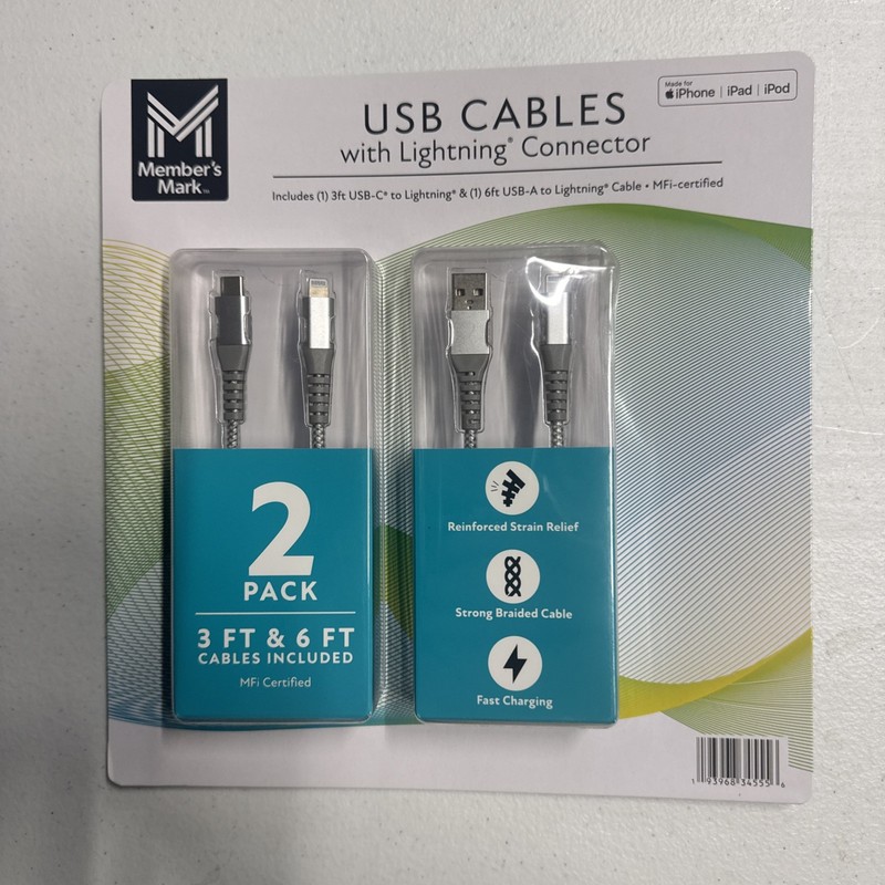 Member’s Mark USB Type A to 8 Pin 3ft and 6ft Cables – 2 Pack For iPhone.