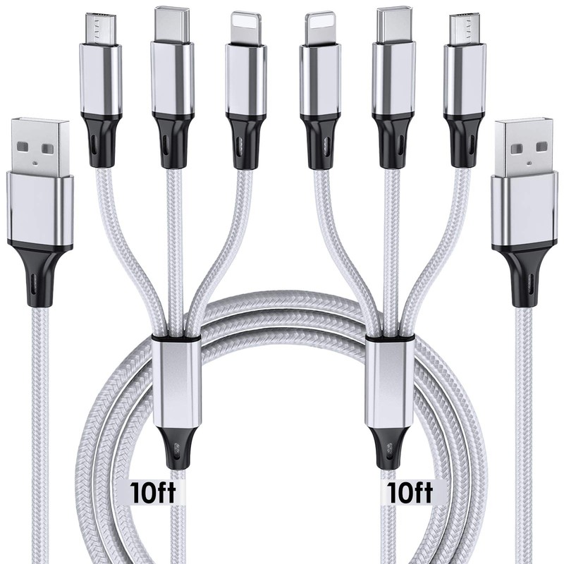 Puxnoin Multi Charging Cable, 10ft 2Pack Phone Charger 10 feet, Silver