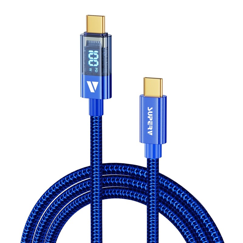 Transparent USB-C Cable 0.98ft Digital Display PD 100W Fast Charger Blue