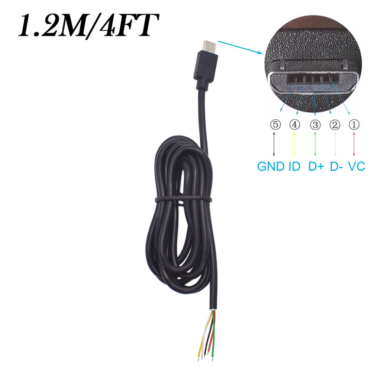 1x 1.2M/4FT Micro USB 5-Pin Male Pigtail w/ 5 Bare Wires for Phone Repair DIY
