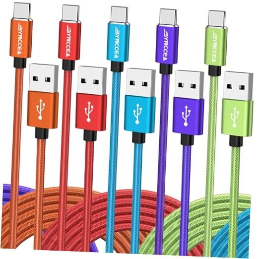 Bynccea USB Cable C to USB A 10ft-5 Red/Blue/Purple/Orange/Light Green*10ft