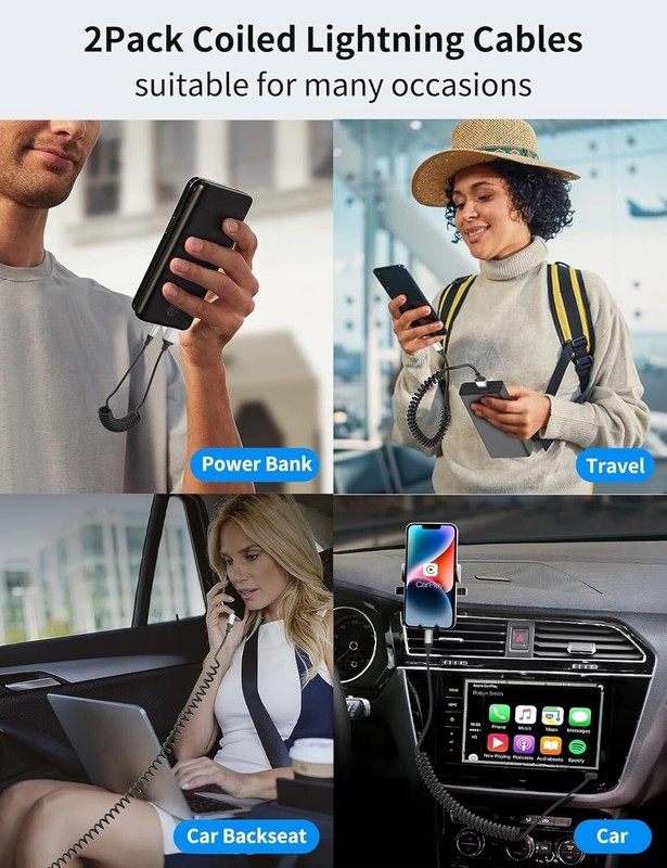 Car Coiled Lightnng Cable 2Pk Retractable iPhone Fast Charging Short 3Ft Cord gallery