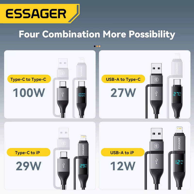 4 In 1 Digital Display USB Cable Type C 100W PD Fast Charging Wire For iPhone Ma gallery