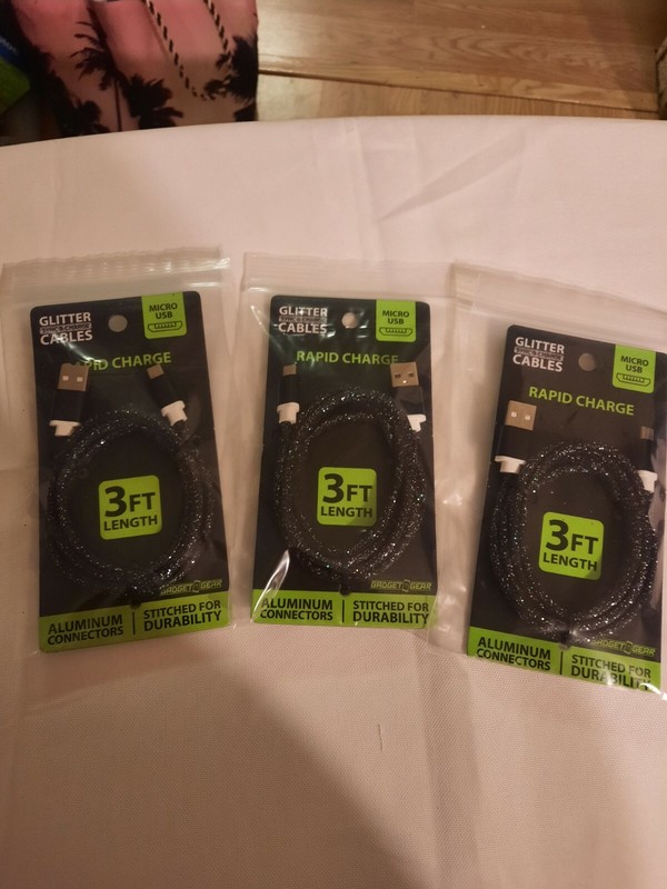 Lot of 3*BLACK GLITTER* Micro USB Rapid Charge & Sync Cable 3ft Length Aluminum