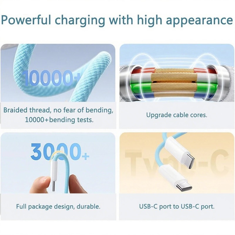 60W USB C to C Fast Charge Cable 3/6/10FT iPhone 17 16 15 Samsung iPad Type C gallery