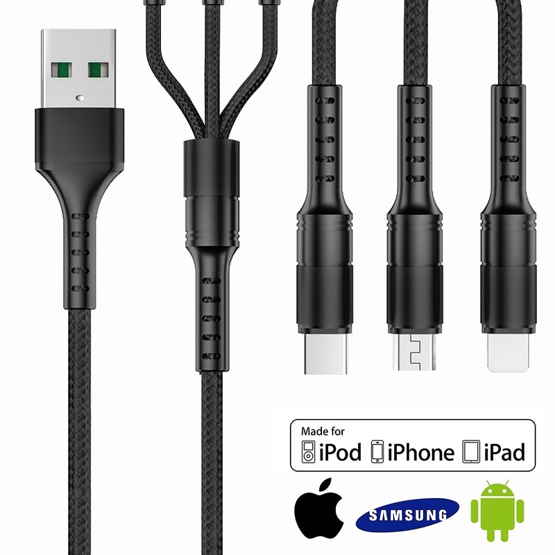 for iPhone 12/11/Pro/Max 3IN1 USB Type C / 8pin / Micro USB 2.0 Charging Cable