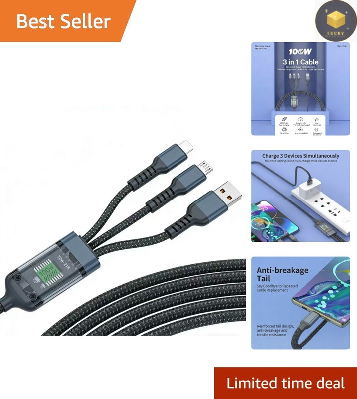 Lightweight 100W Multi-Functional Charging Cable – 3-in-1 Design for All Devices