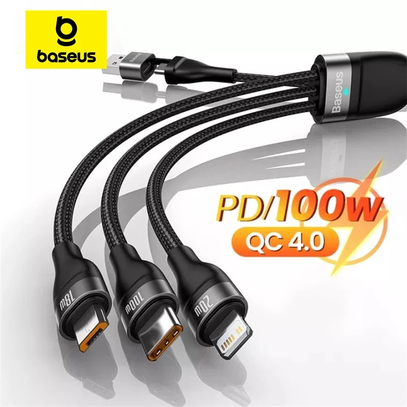 Baseus 3in1 100W USB-C Charger Cable for iPhone, Macbook, Samsung, Xiaomi