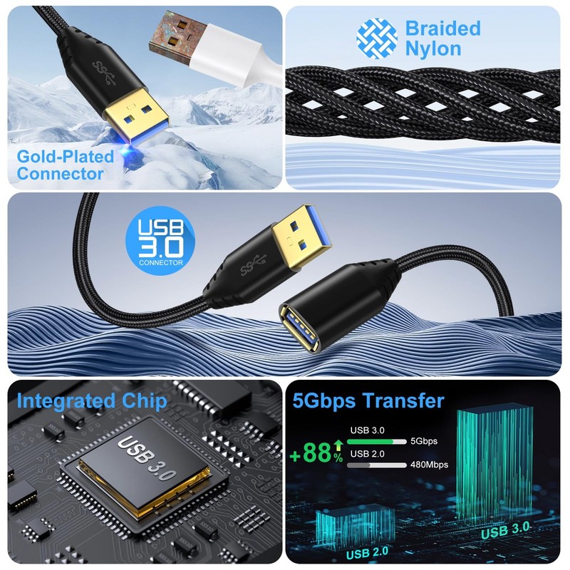 USB 3.0 Extension Cable Braided Extender Cord Type A Male to Female 6ft 2PK gallery