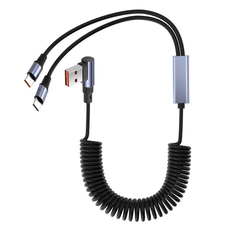 2 in 1 Coiled USB Charging Cable 90 Degree Fast Charger Spring 2 Type C Cord