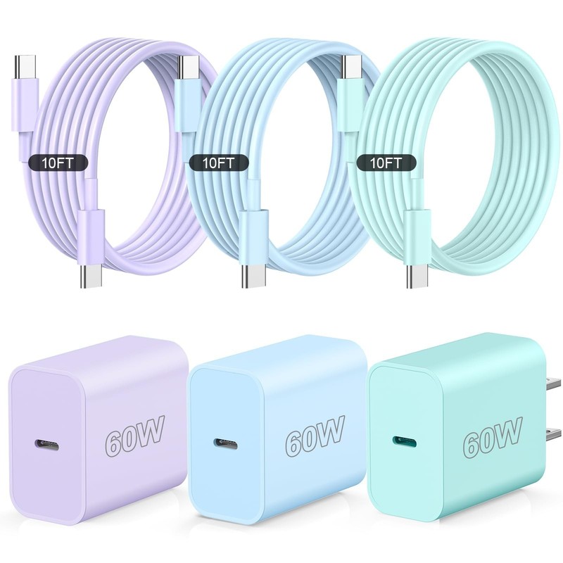 Fast Charging Phone Charger 3-Pack, 60W USB Type C Cable, 10FT Long, Compatible gallery