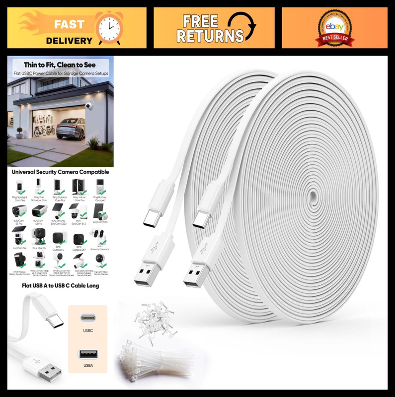 30FT USB A to C Cable 2-Pack, Flat Power Extension for CCTV, Compatible with Rin