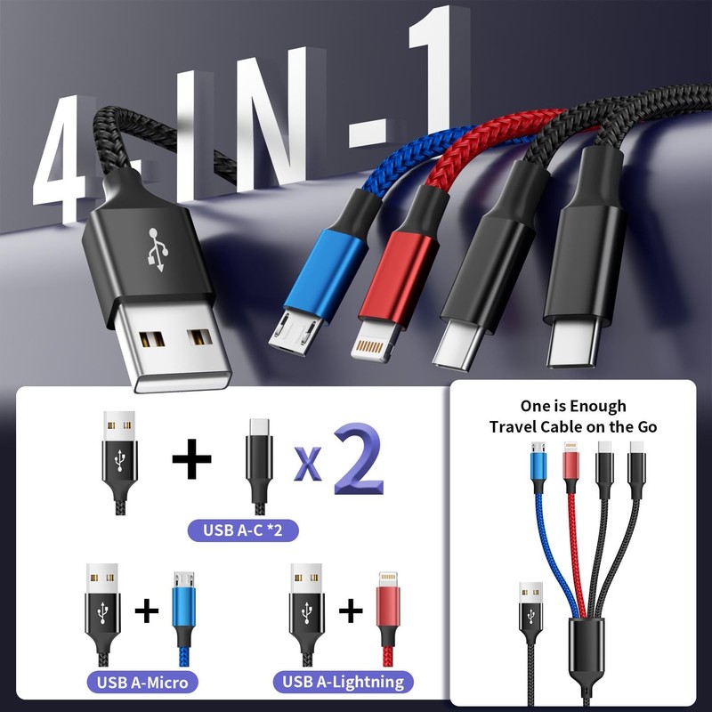 Dual Type-C 4 in 1 Multi Charging Cable for iPhone 17/ 2pack5ft, Multicolored gallery