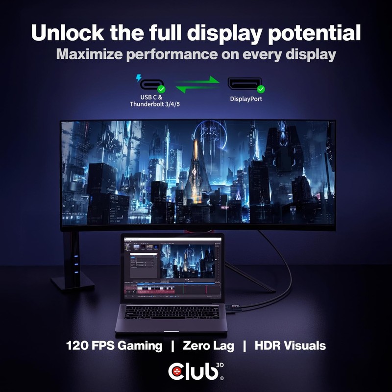 Club3D USBC to DisplayPort 1.4 BiDirectional Cable 8K 60Hz 4K 120Hz 6FT gallery