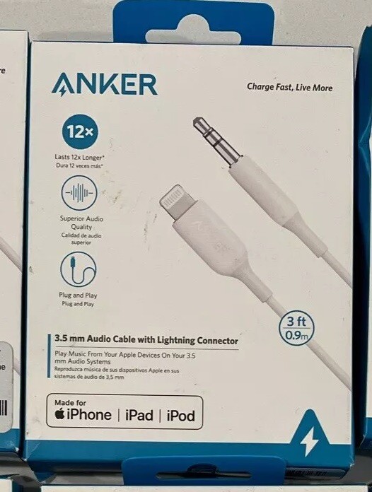 Lot Of 8 Anker 3FT PowerLine 3.5mm Audio Aux Adapter for Apple iPhone iPad White
