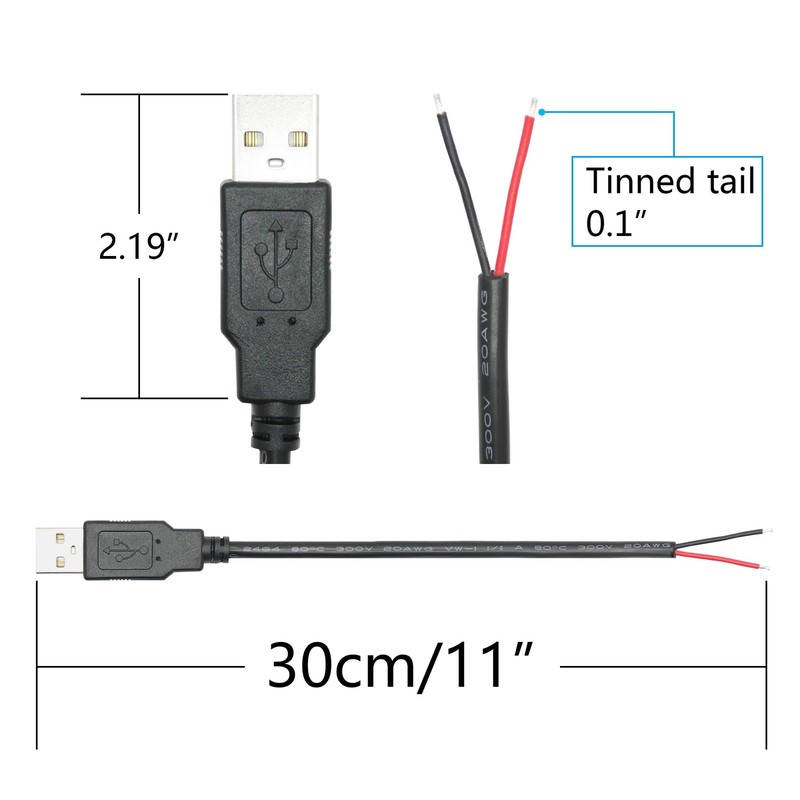 USB A Male to 2 Pin Bare Wire 11inch, 20AWG 5V/5A 2 Pin Pigtail Open End Powe... gallery