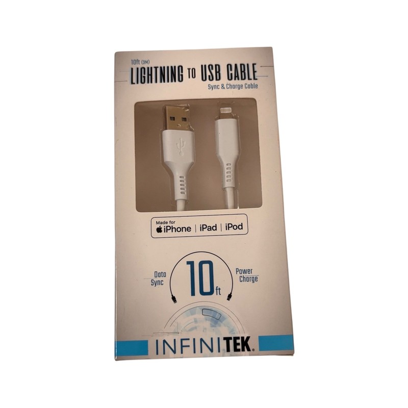InfiniTek Lighting to USB Sync & Charge Cable iPhone White 10 feet