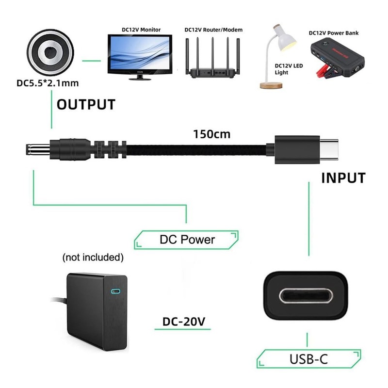 USB 3.1 Type-C USB-C Male Input to DC 12V 5.5x2.1mm Output Plug Power Cable P... gallery