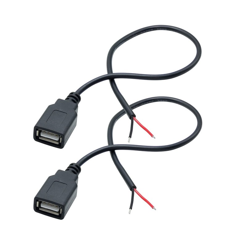 2Pcs Short USB Female 2 Pin Bare Wire 11inch 5V/3A Pigtail Open End Power Cable