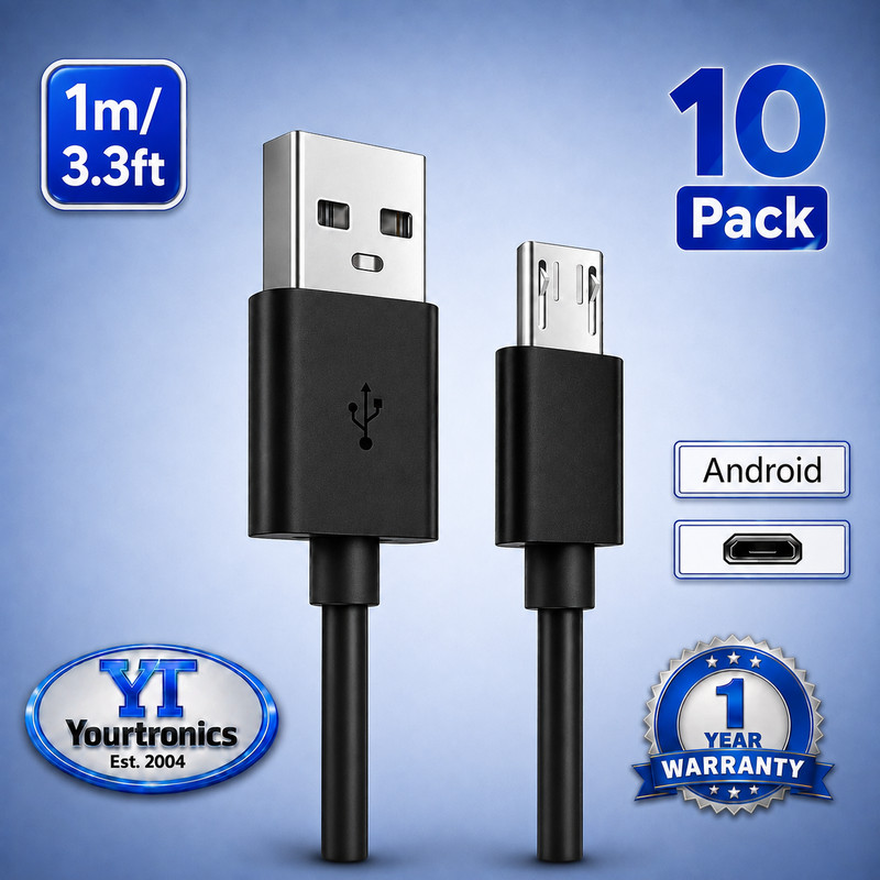 10 Pack Fast Charge Micro USB to USB-A Cable Charging Charger Cord Value Bulk