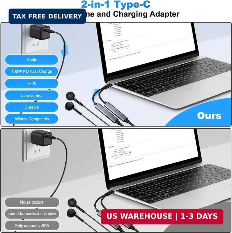 USB C Splitter，2 in 1 USB C Headphone and Charger Adapter Audio Dongle Cable wit gallery