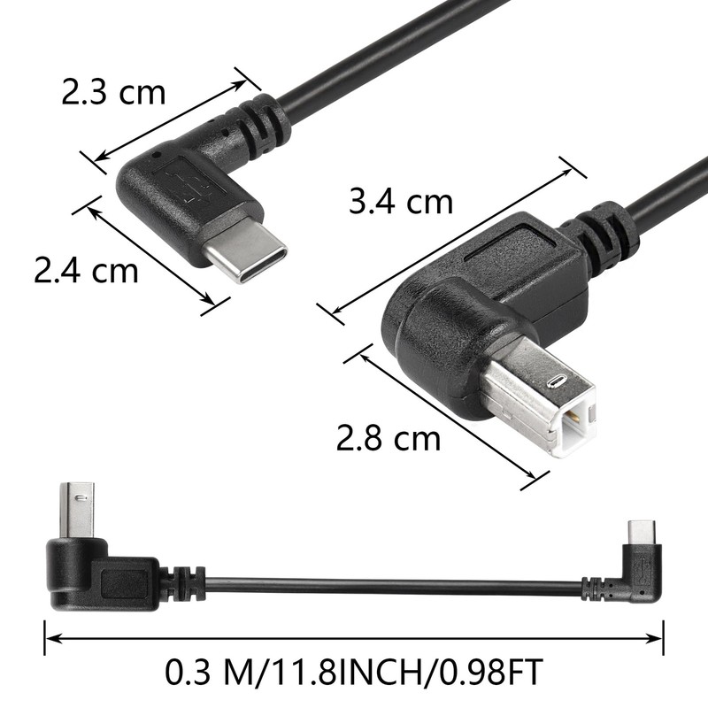 2 PCS 11.8 Inch Up Down Right Angle USB B To Type C Male MIDI Printer Cable gallery