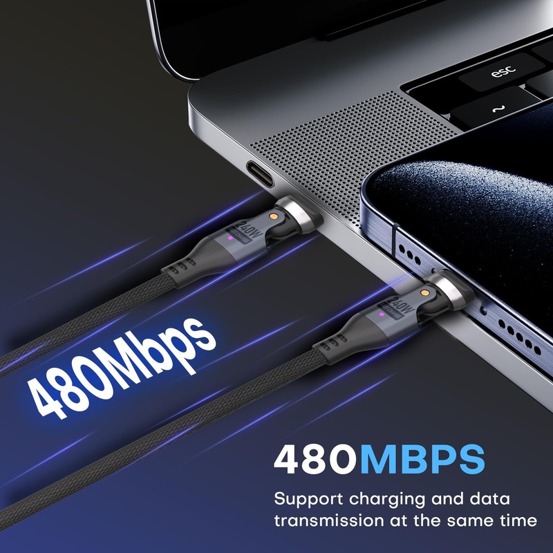 Black 6 Ft 240W PD Type C To Type C Fast Charging USB 2.0 Data Cable 360 Spin gallery