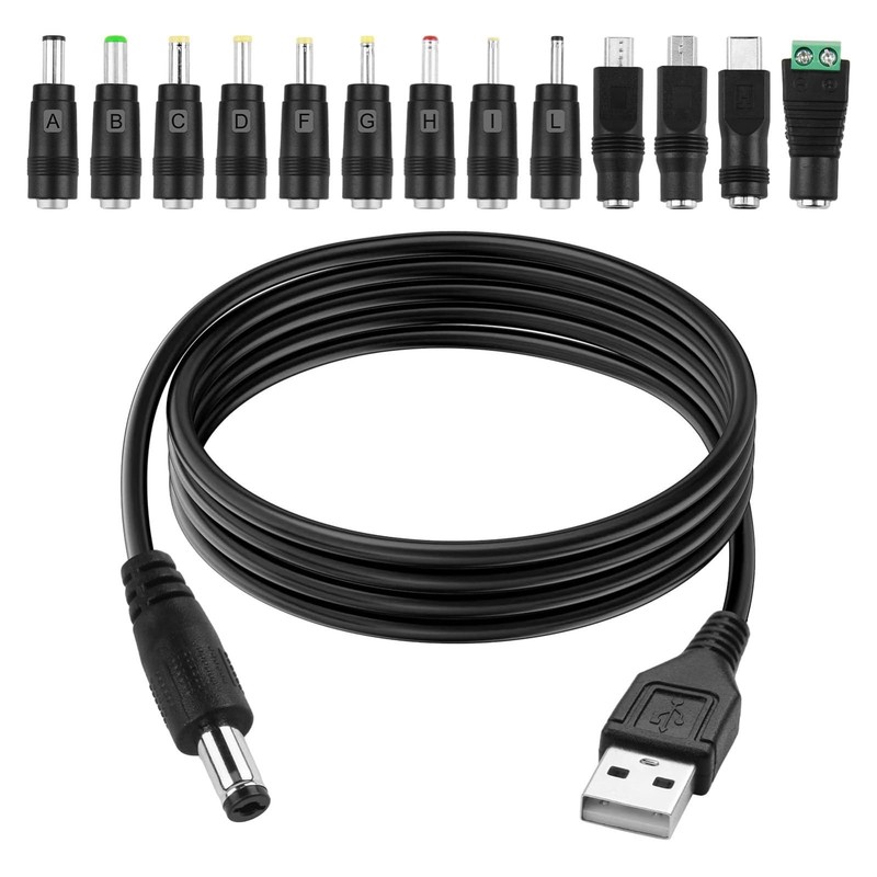 USB to DC Power Cable – Includes13 Adapter Plugs (5.5×2.1/5.5×2.5/-/Micro-USB…