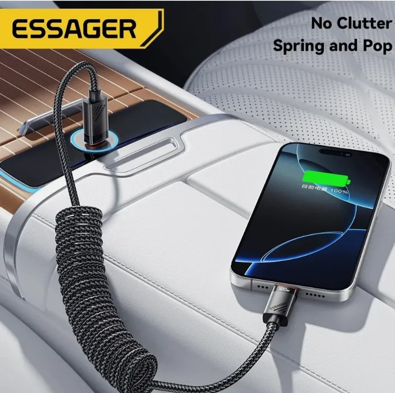 100W USB-C to USB-C Car Charger Cable Coiled Spring Fast Charging PD Type-C gallery