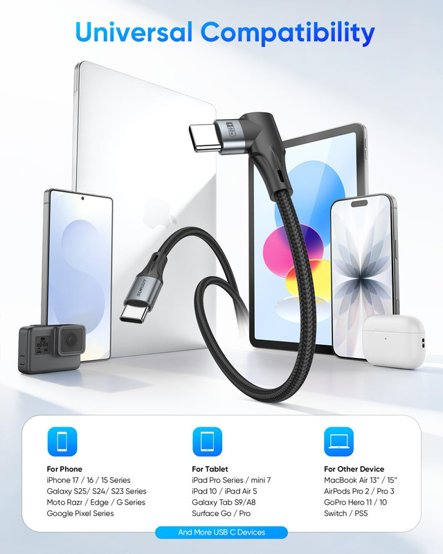 Right Angle USB C to USB C Cable [3FT 2-Pack], for Thick Case 60W Fast Charging gallery