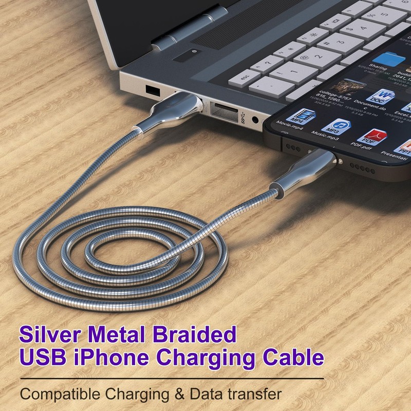 6FT Chew Proof iPhone Charger Cord - MFi Certified Silver Metal Braided USB t... gallery