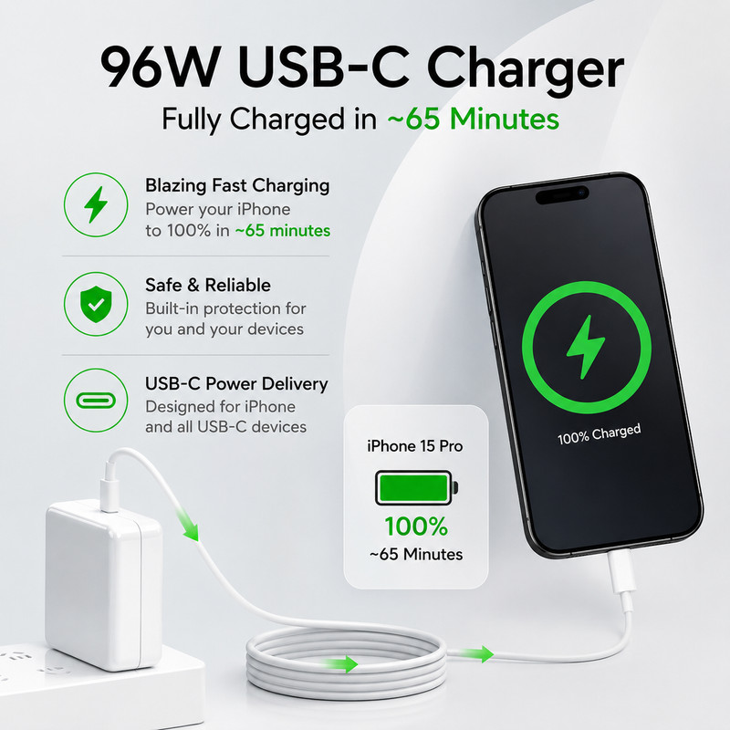 96W USB-C MacBook Pro Charger | AC Adapter Power Supply + Cable White gallery