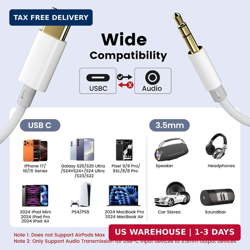 Aux to USB C, Aux Cord to USB C to 3.5mm Audio Headphone Jack Adapter [2 Pack,4F gallery