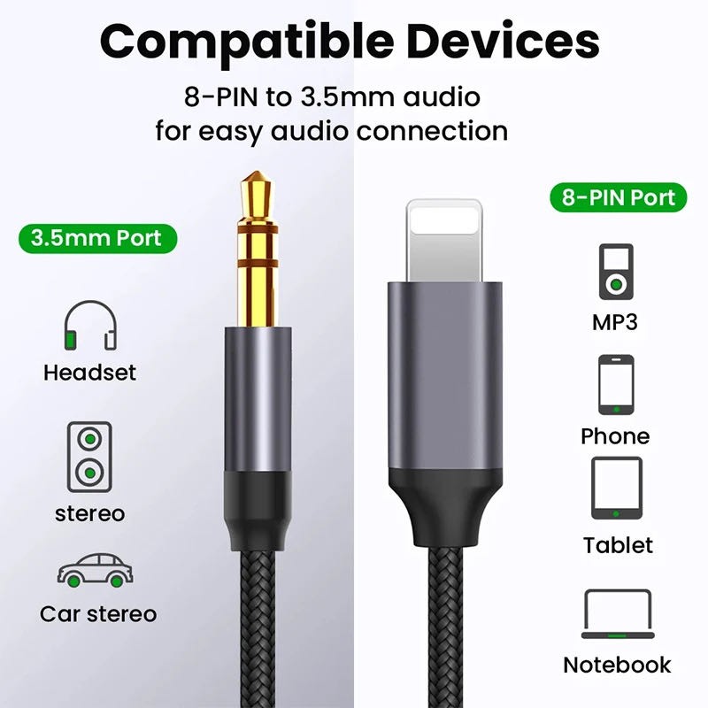 8 Pin to 3.5mm AUX Audio Car Adapter Cord For iPhone 13 12 11 Pro Max 7 8 X XR gallery