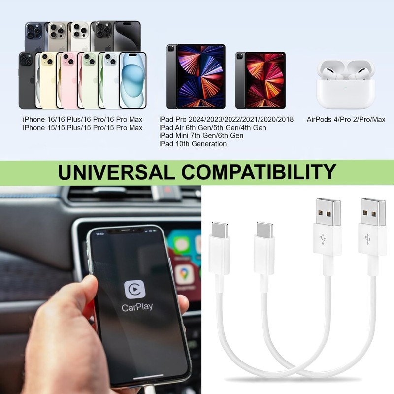 Short iPhone 15/16/17 CarPlay Cable 1.15ft [2-Pack] – USB A to USB C Fast Char gallery