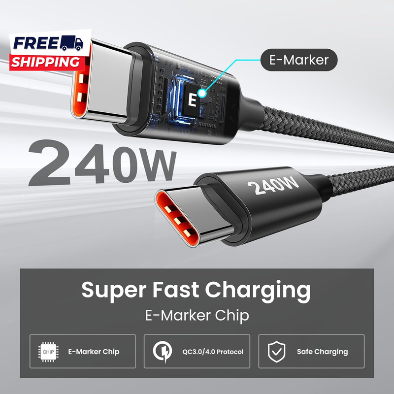240W USB C to USB C Cable 10Ft, 2-Pack C to C Cable Fast Charging, Type C Charge gallery