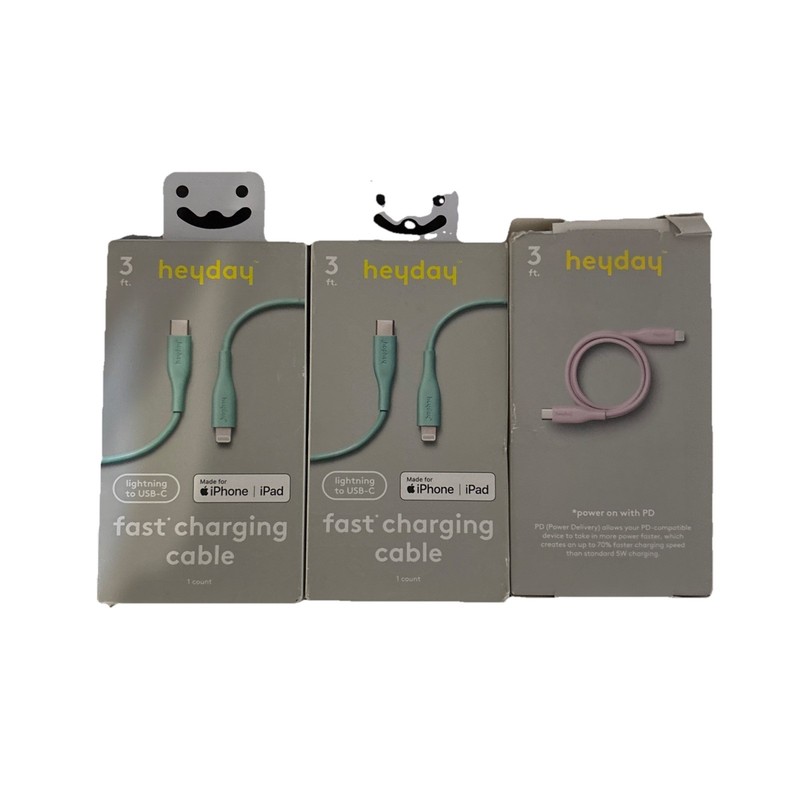 Lot of 3 Heyday 3' Lightning to USB-C Cables Teal MFi Certified iPhone iPad