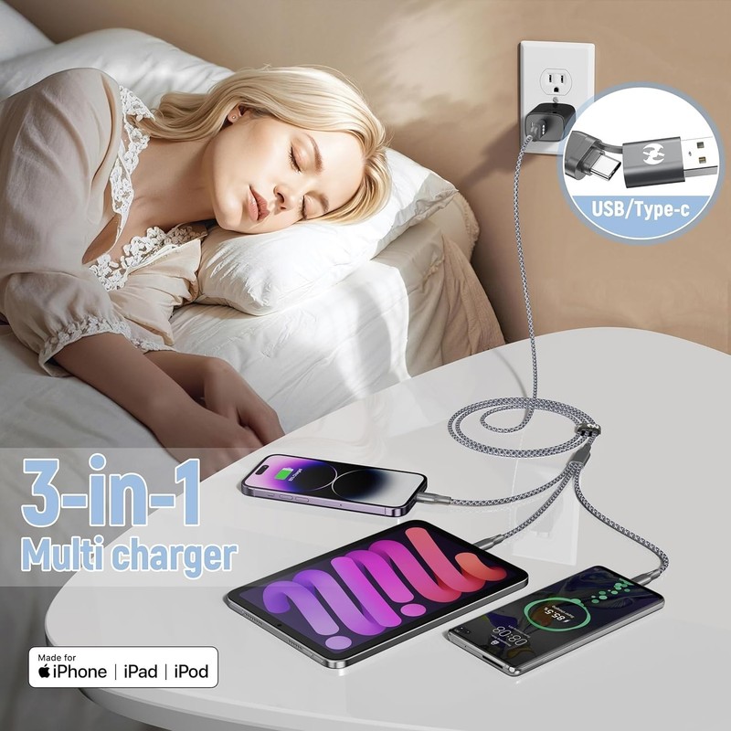 3-Pack 3-in-1 Multi Charging Cable 4ft Nylon Braided for iPhone Android USB gallery