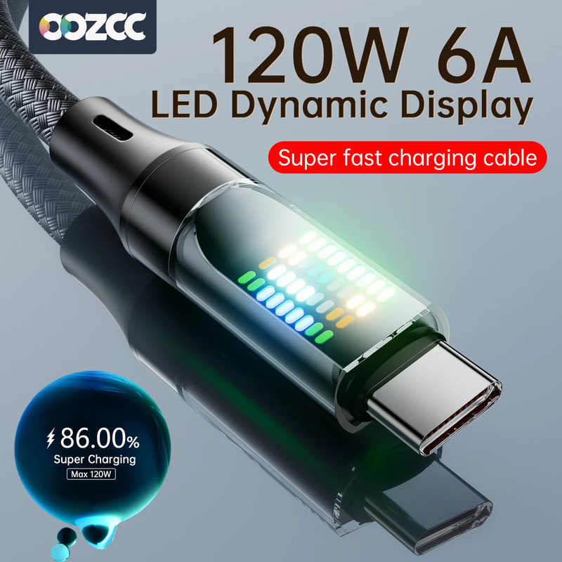120W USB-A to USB-C Fast Charging Cable 6A LED Display Nylon Braided Cord gallery