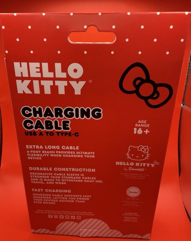 NEW Hello Kitty USB-A to USB-C 6ft Fast Charging Cable w/Hello Kitty Charm gallery