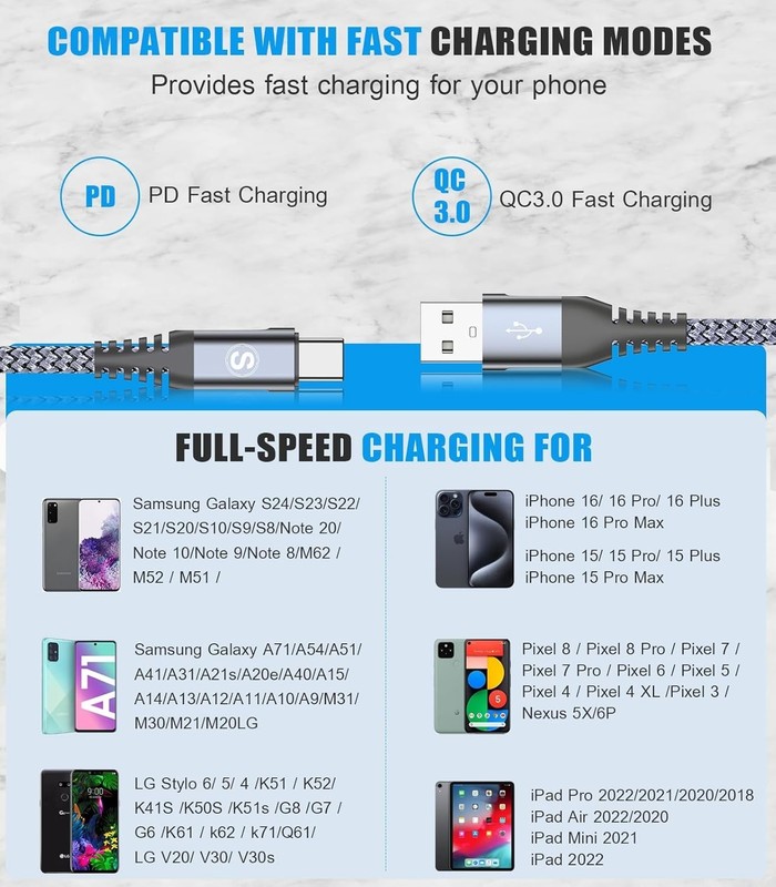 sweguard USB Type C Charger Cable 3-Pack,10ft+6.6ft+3.3ft iPhone 15 Charger N... gallery