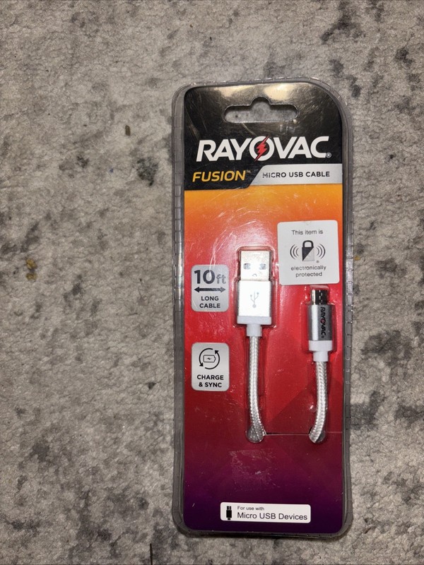 Rayovac Fusion Micro USB Cable. 10ft Charger Cord; Black color