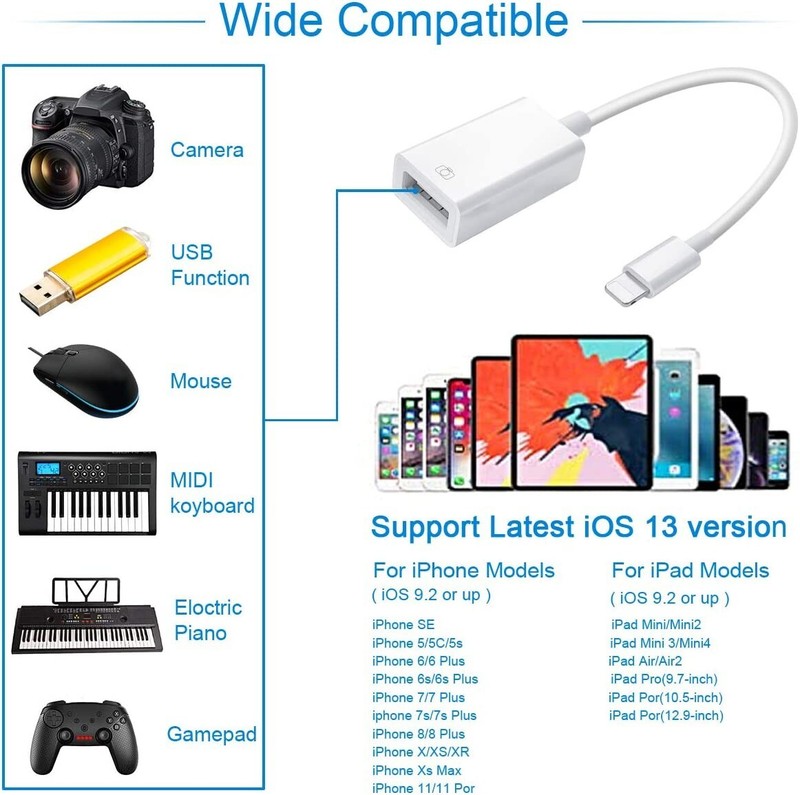 Hot OTG USB to camera adapter for iphone support USB Flash Drive, MIDI Keyboard