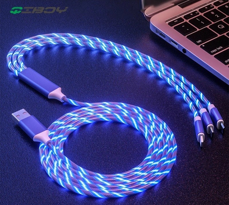 Blue - 3 in 1 USB LED Charger Light Cable For iphone samsung Type C Charge 1.2M